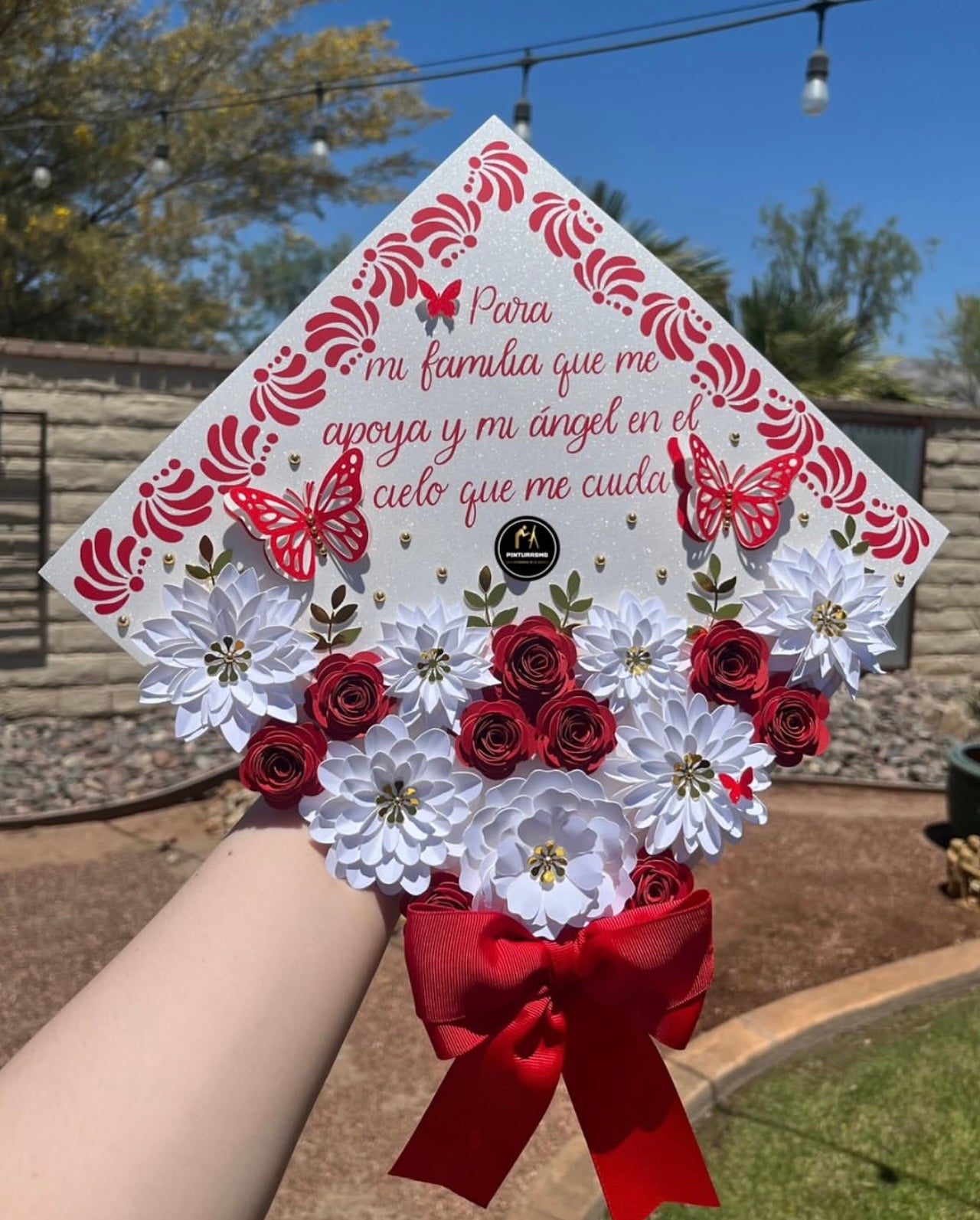 Red & White Floral Grad Cap