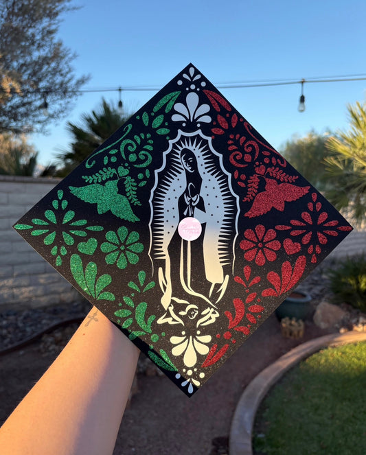 Virgencita Glittery Mexico Grad Cap Topper