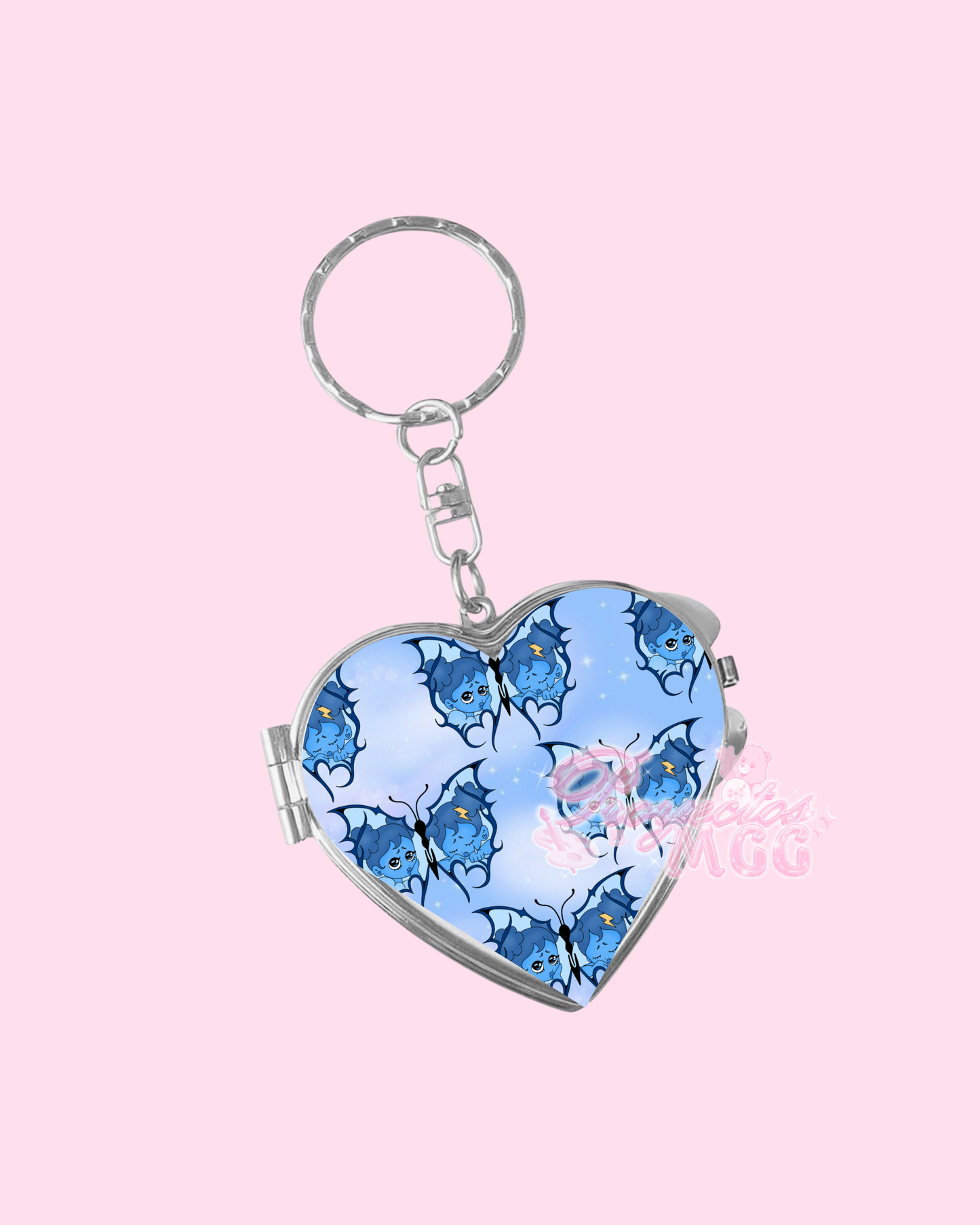 SadGirl Butterfly Pattern Heart Compact Mirror Keychain