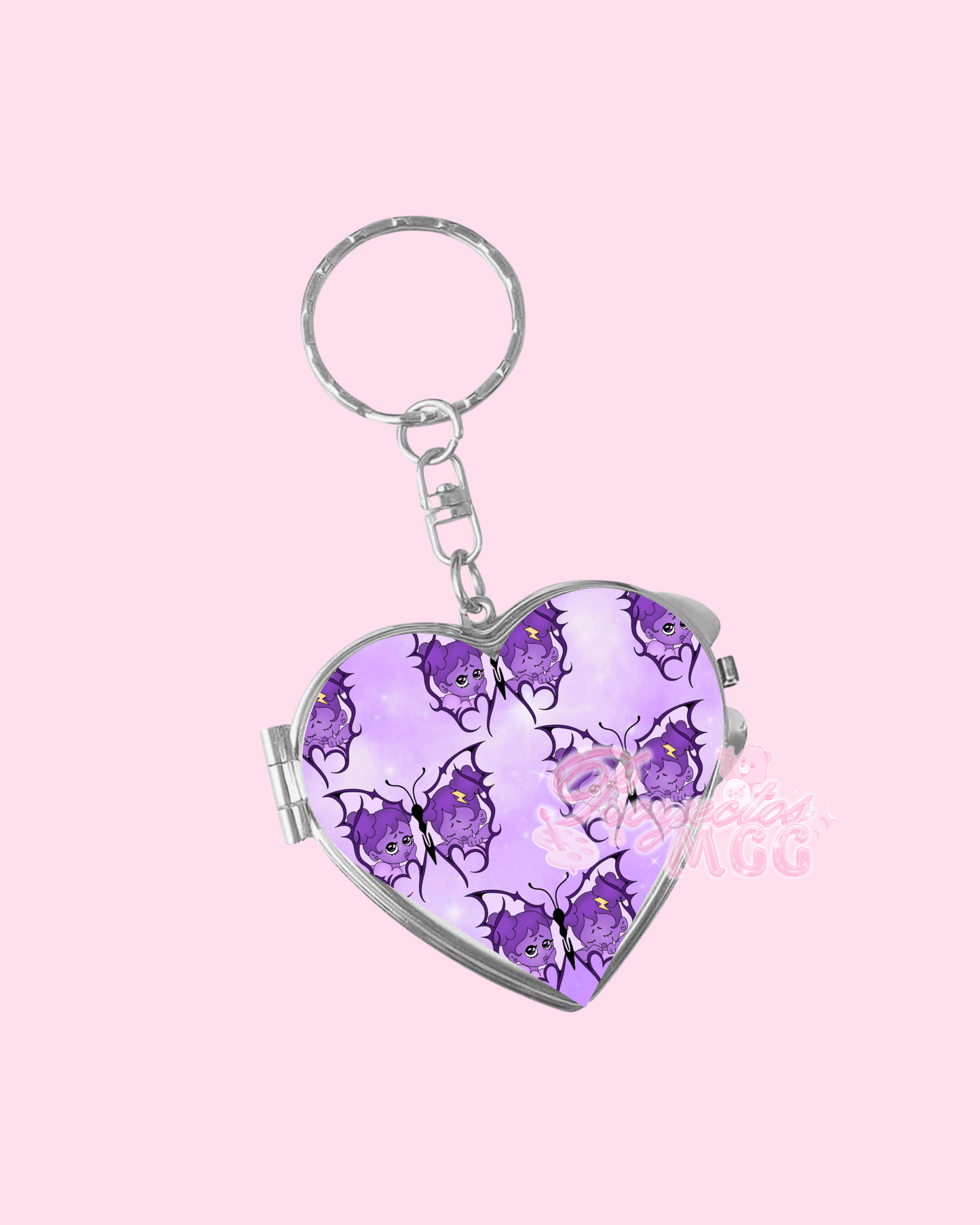 Purple SadGirl Butterfly Heart Compact Mirror Keychain