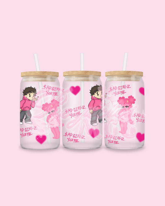 Pink SadBoy & SadGirl Glass Cup