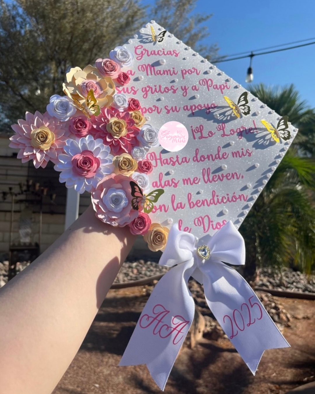White, Pink & Floral Grad Cap Topper