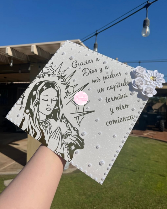 Virgencita White & Gold Grad Cap Topper