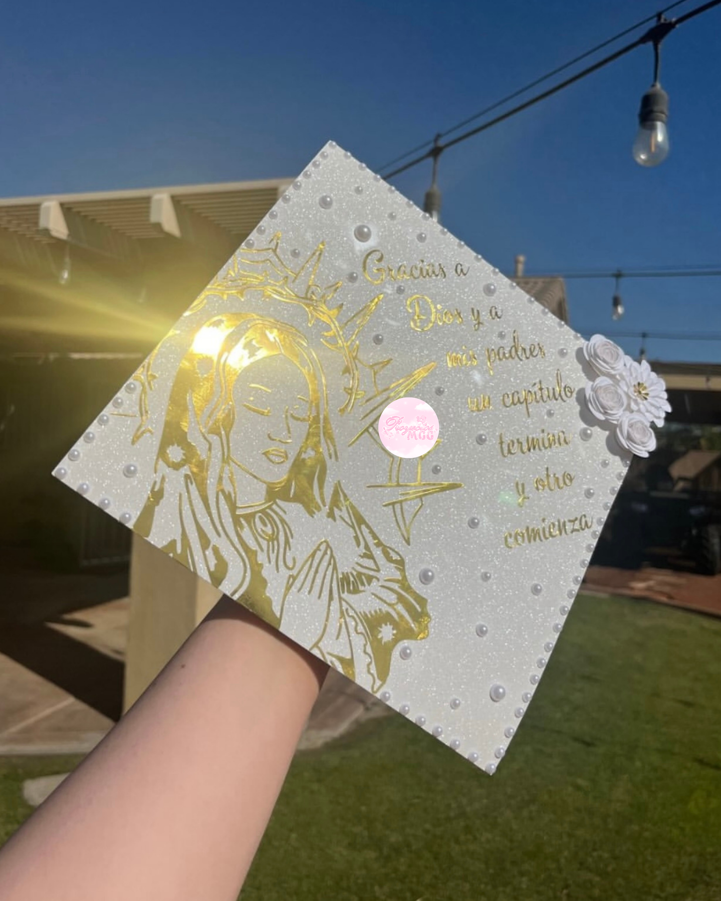 Virgencita White & Gold Grad Cap Topper