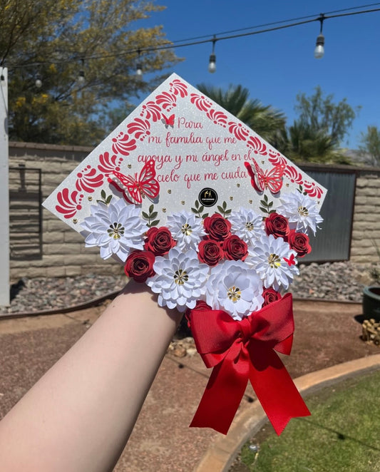 Red & White Floral Grad Cap