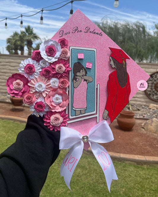 Dios Por Delante Glittery Floral Grad Cap