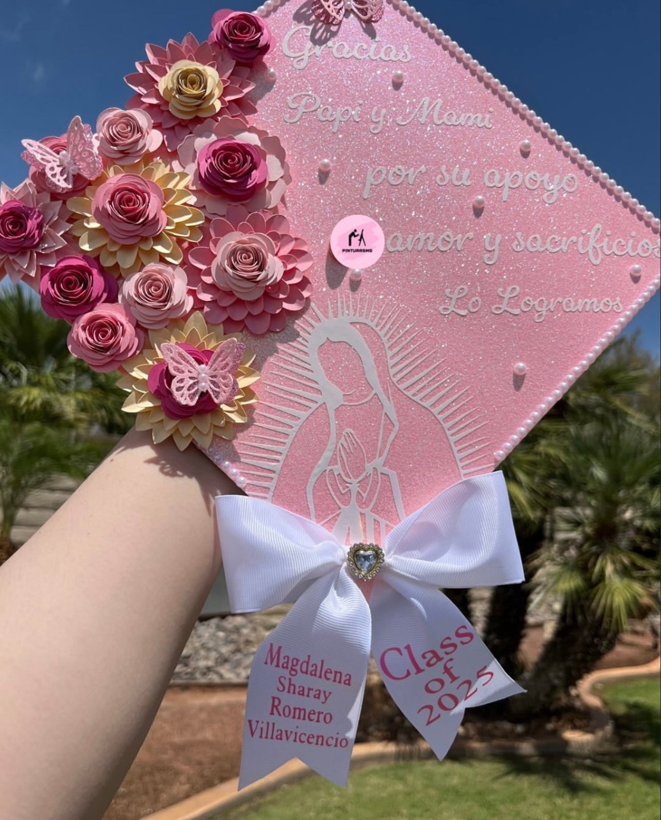 Pink & White Virgencita Grad Cap