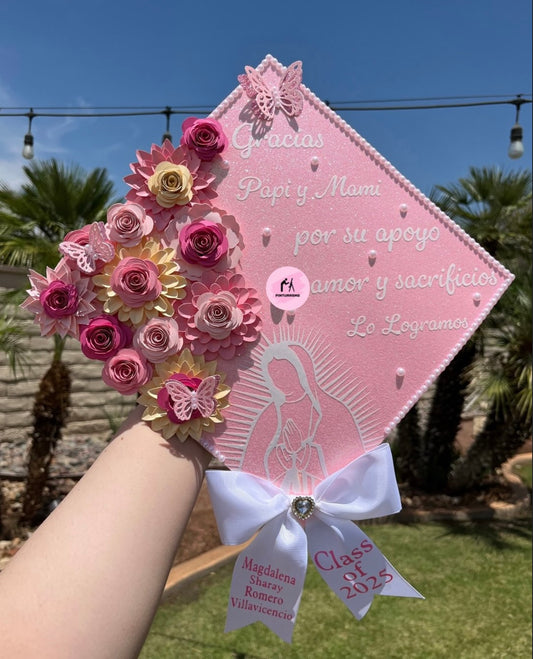 Pink & White Virgencita Grad Cap
