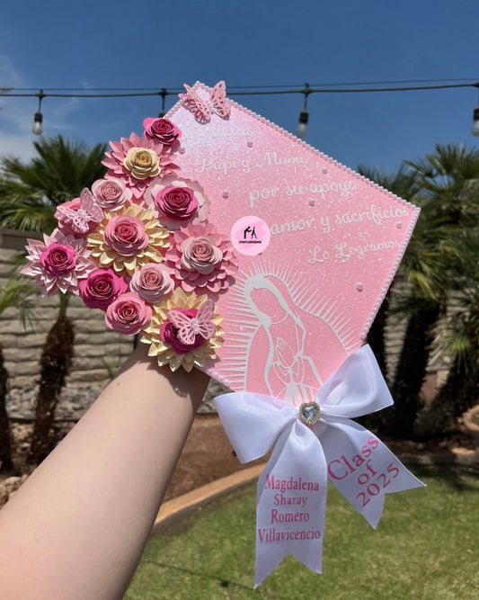 Pink & White Virgencita Grad Cap