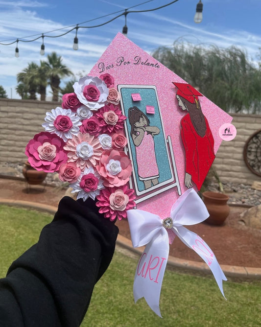 Dios Por Delante Glittery Floral Grad Cap