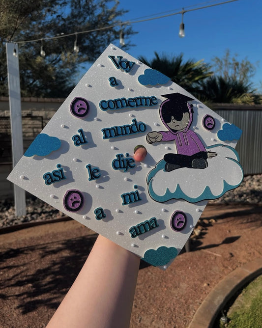 Junior H White & Blue Grad Cap