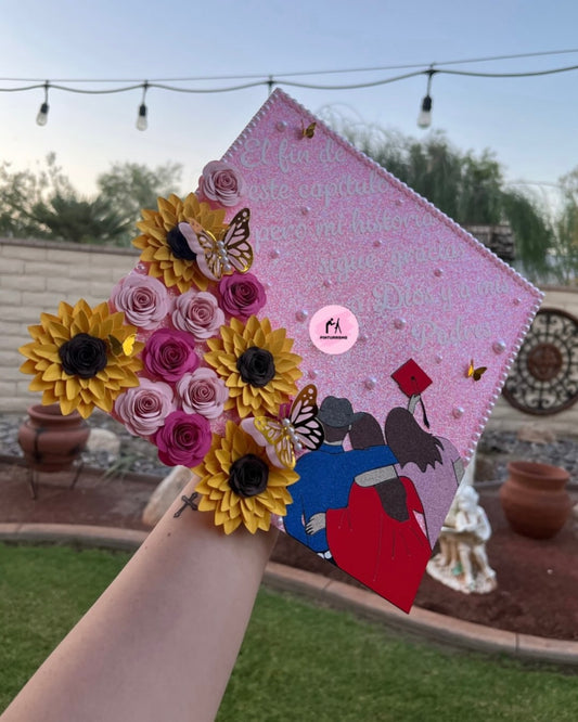 Pink & Floral Glittery Grad Cap