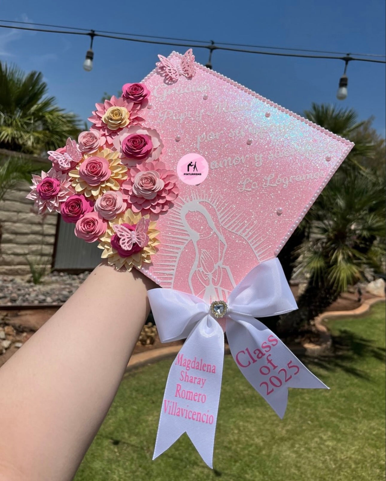 Pink & White Virgencita Grad Cap