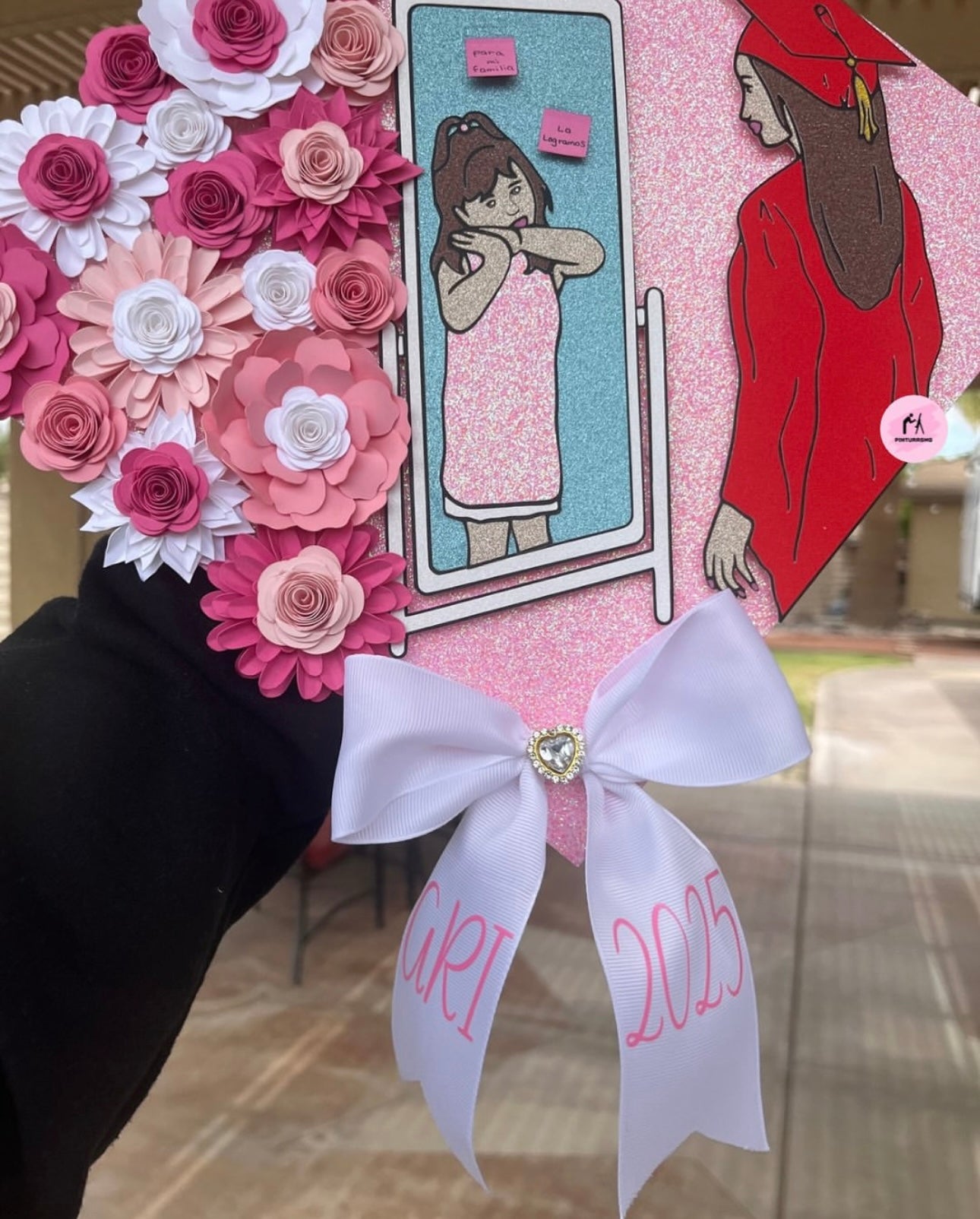 Dios Por Delante Glittery Floral Grad Cap