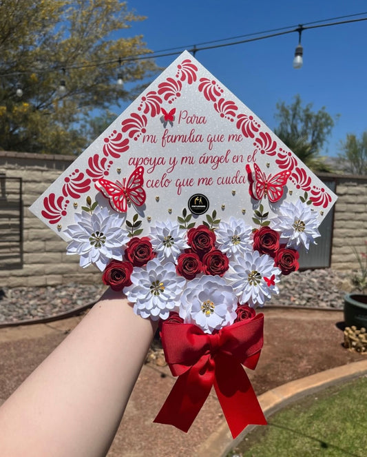 Red & White Floral Grad Cap