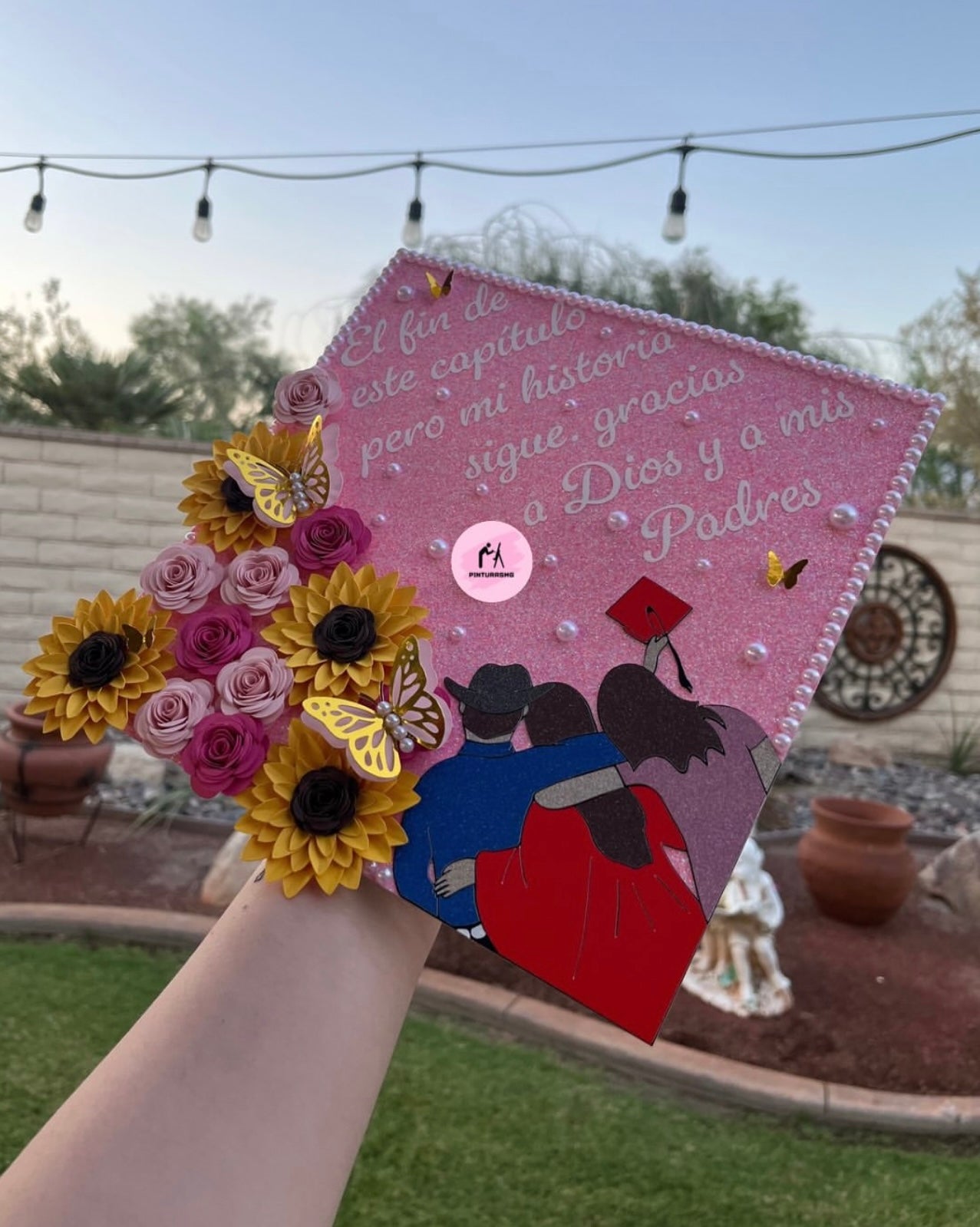 Pink & Floral Glittery Grad Cap