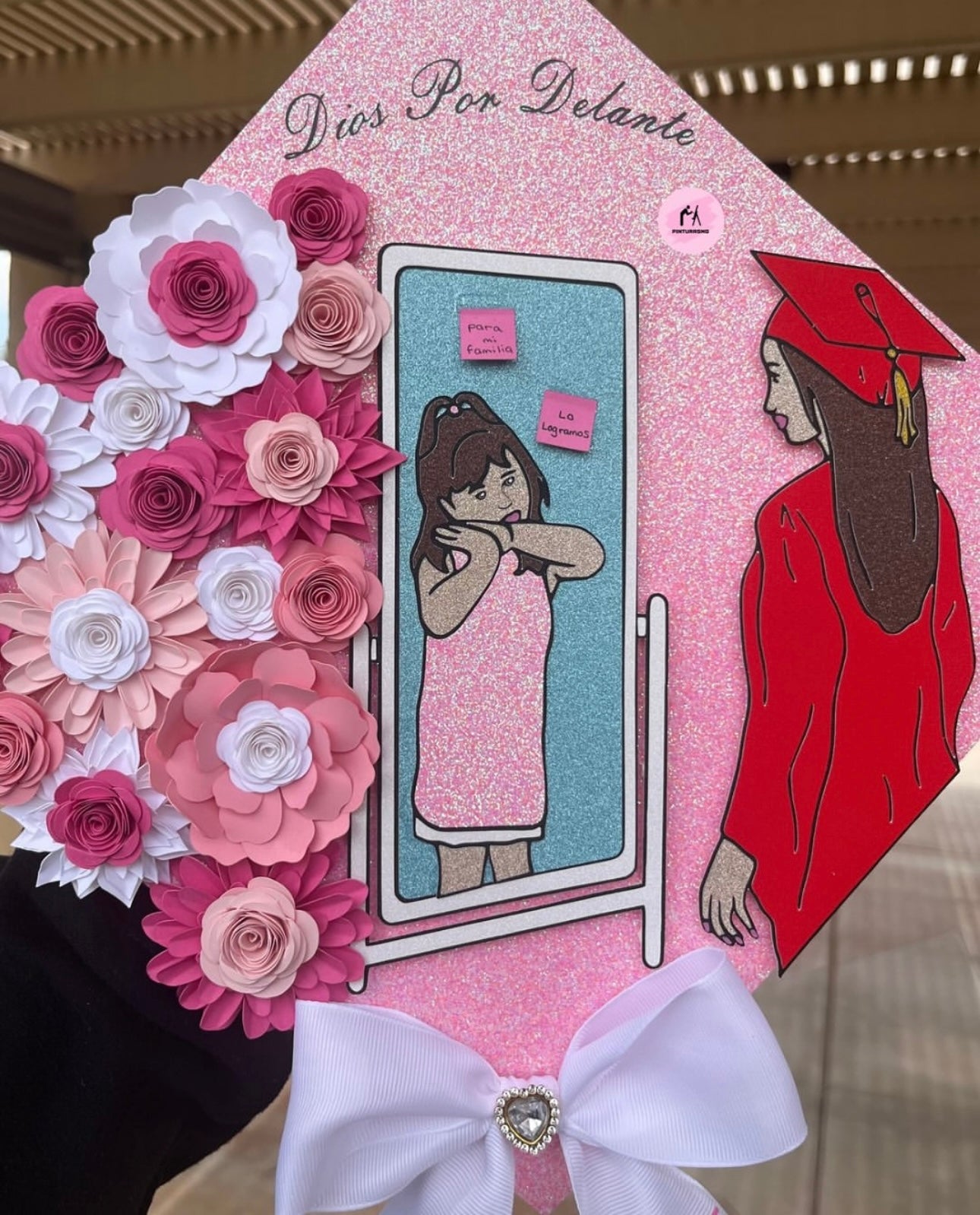Dios Por Delante Glittery Floral Grad Cap