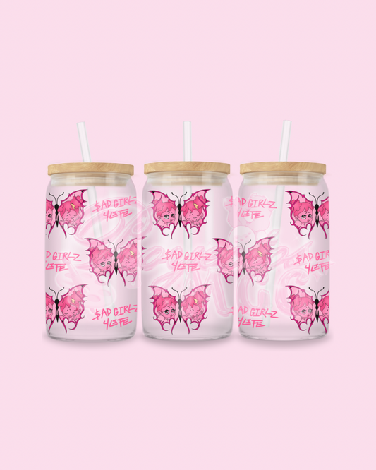 Pink SadGirl Butterfly $G4L Glass Cup