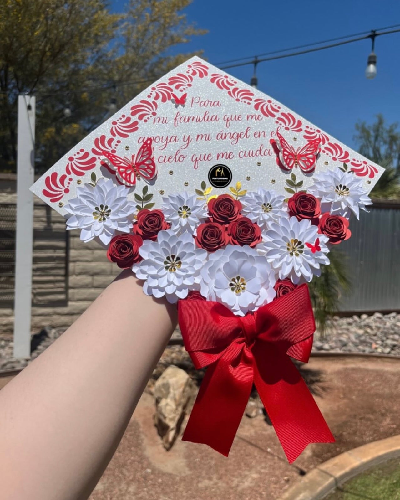 Red & White Floral Grad Cap
