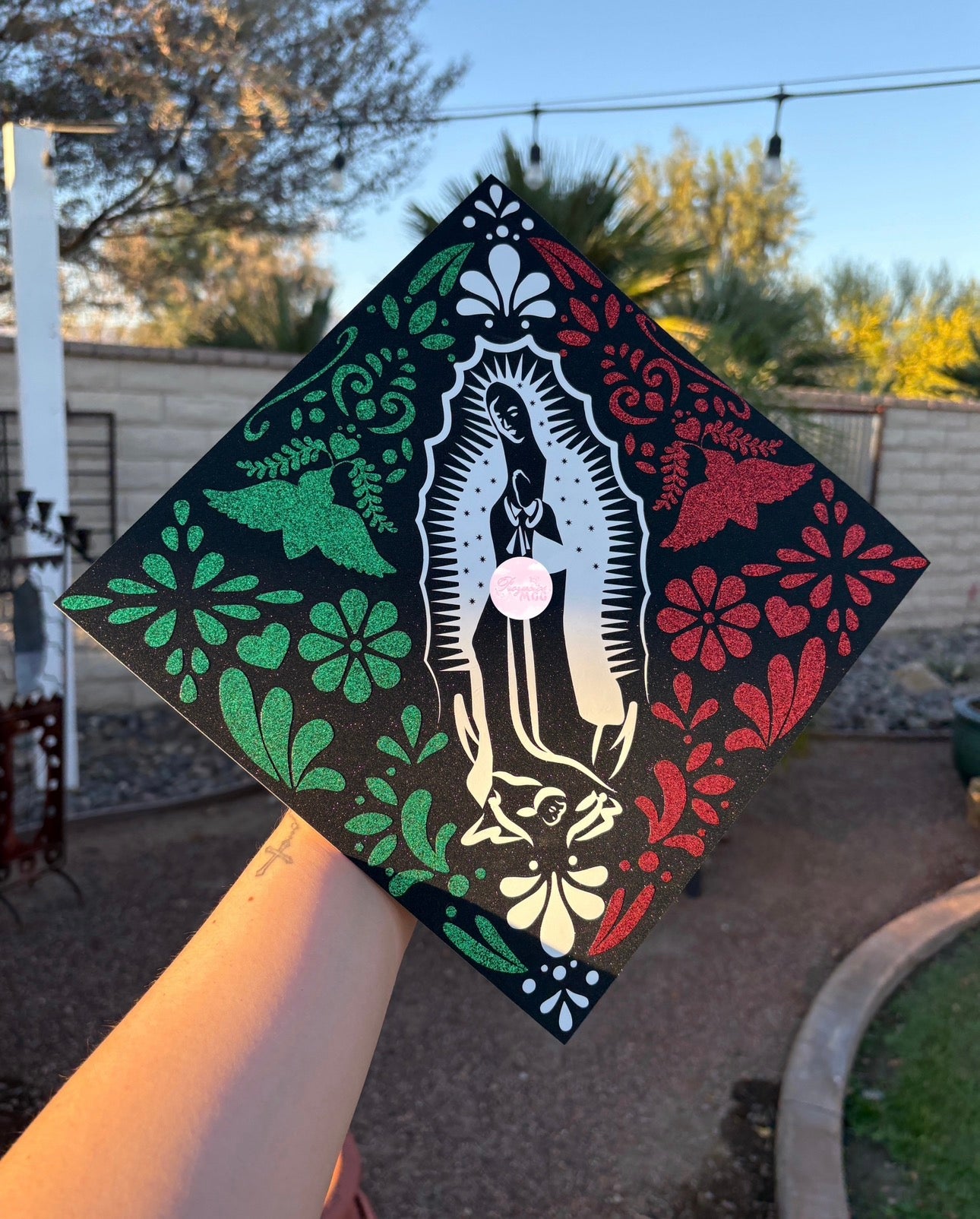 Virgencita Glittery Mexico Grad Cap Topper