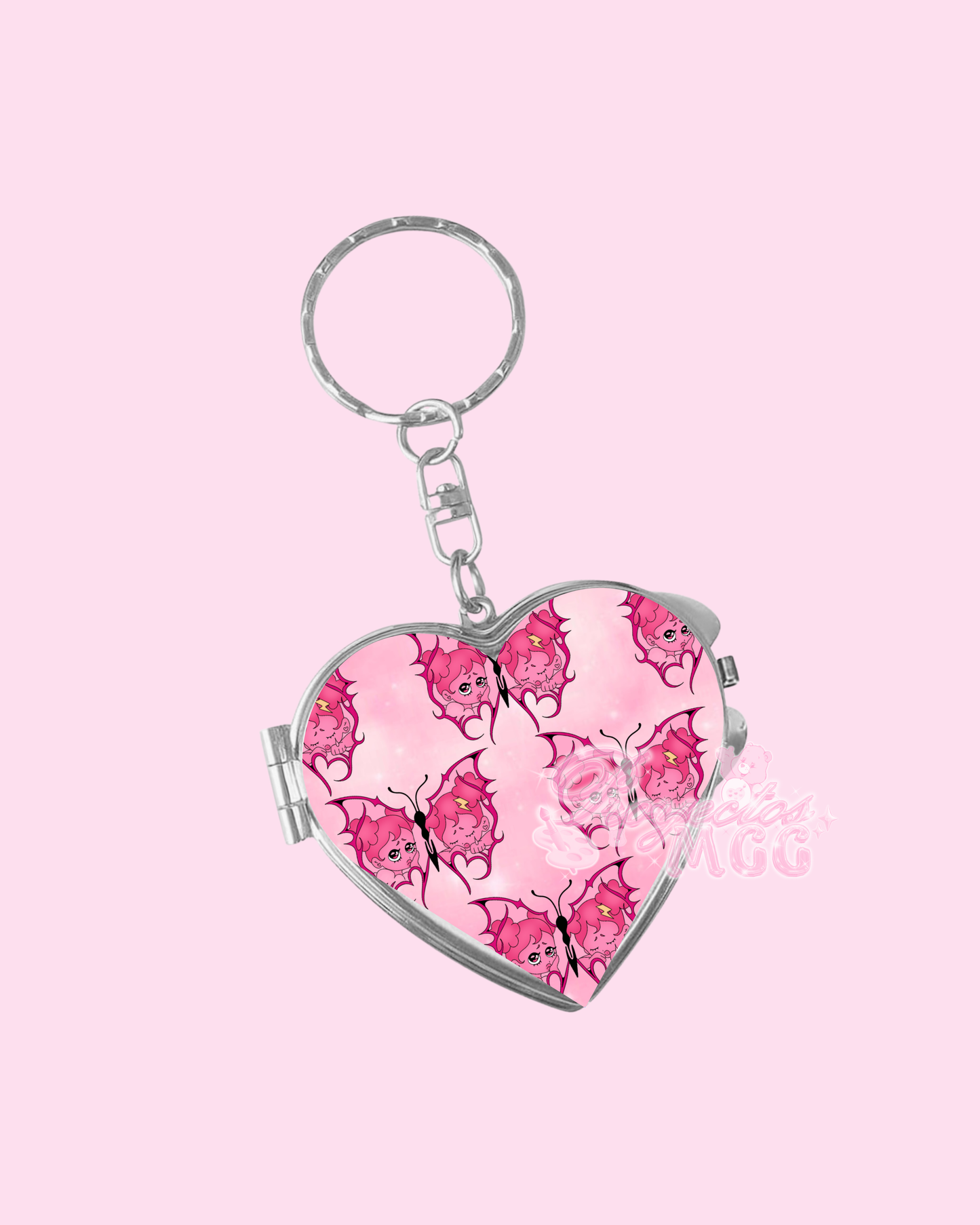Pink SadGirl Butterfly Heart Compact Mirror Keychain