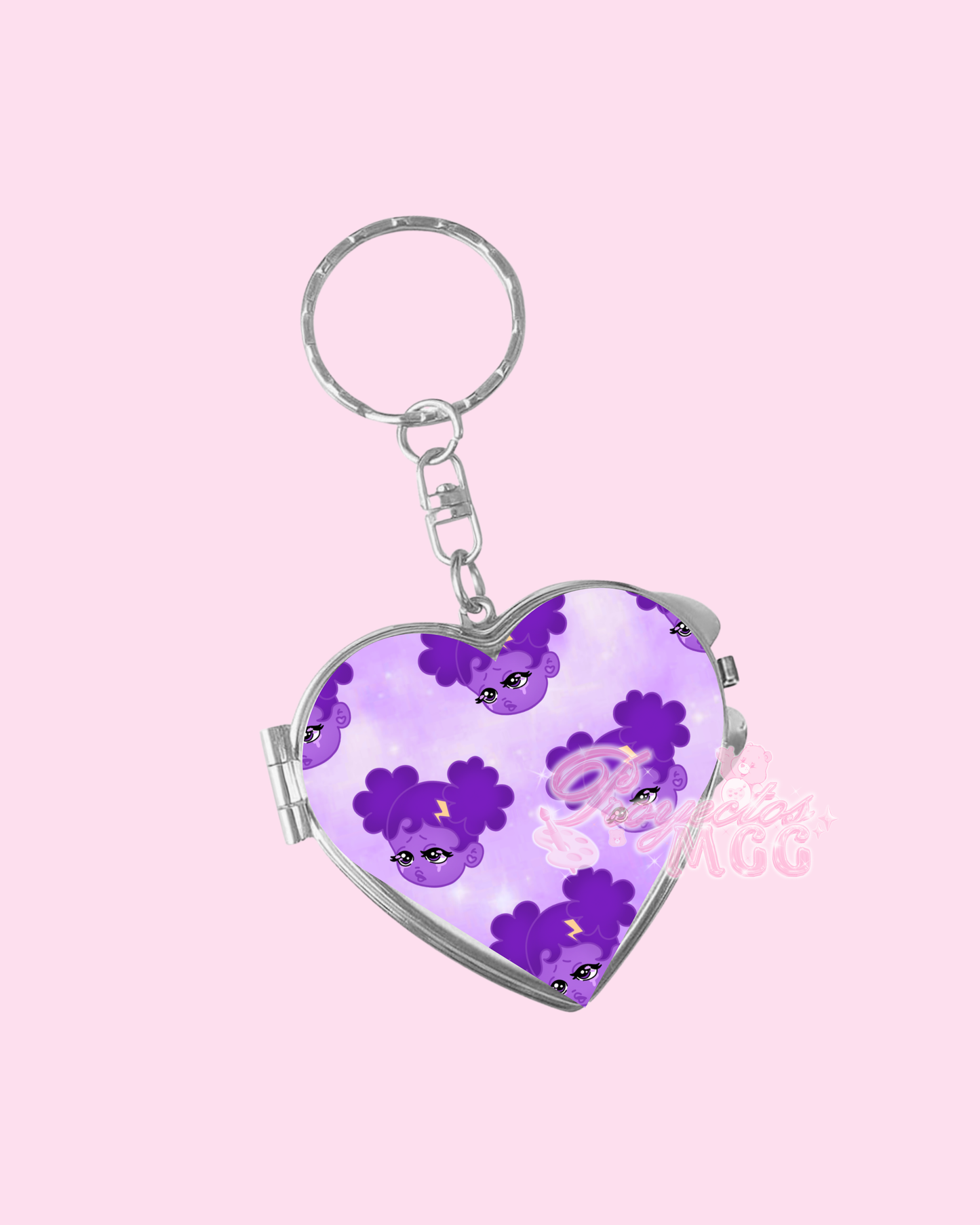 Purple SadGirl Face Heart Compact Mirror Keychain