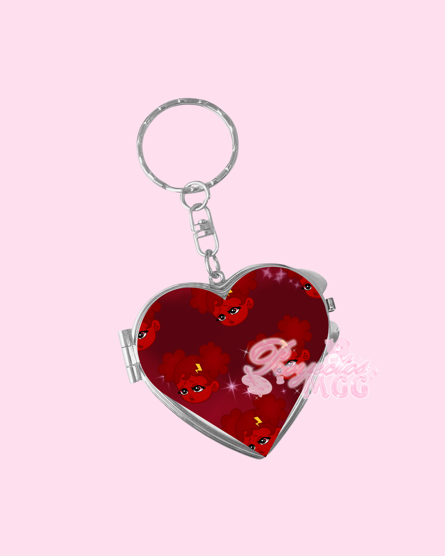 Red SadGirl Face Heart Compact Mirror Keychain