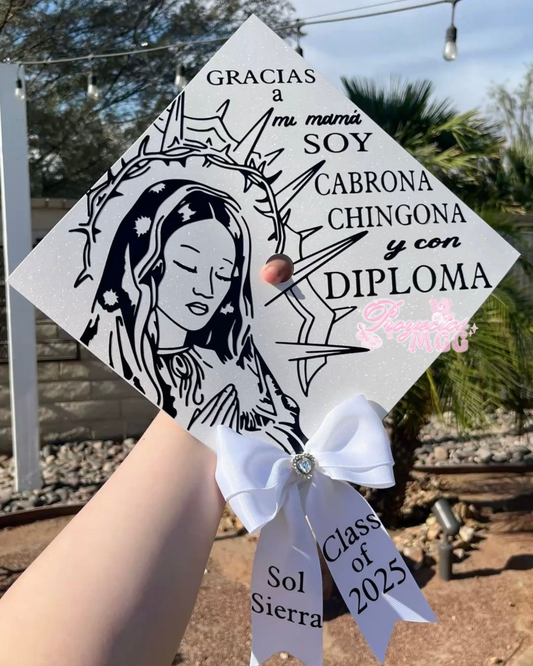 Virgencita Black & White Grad Cap Topper