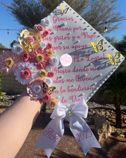 White, Pink & Floral Grad Cap Topper