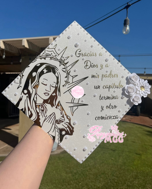 Virgencita White & Gold Grad Cap Topper