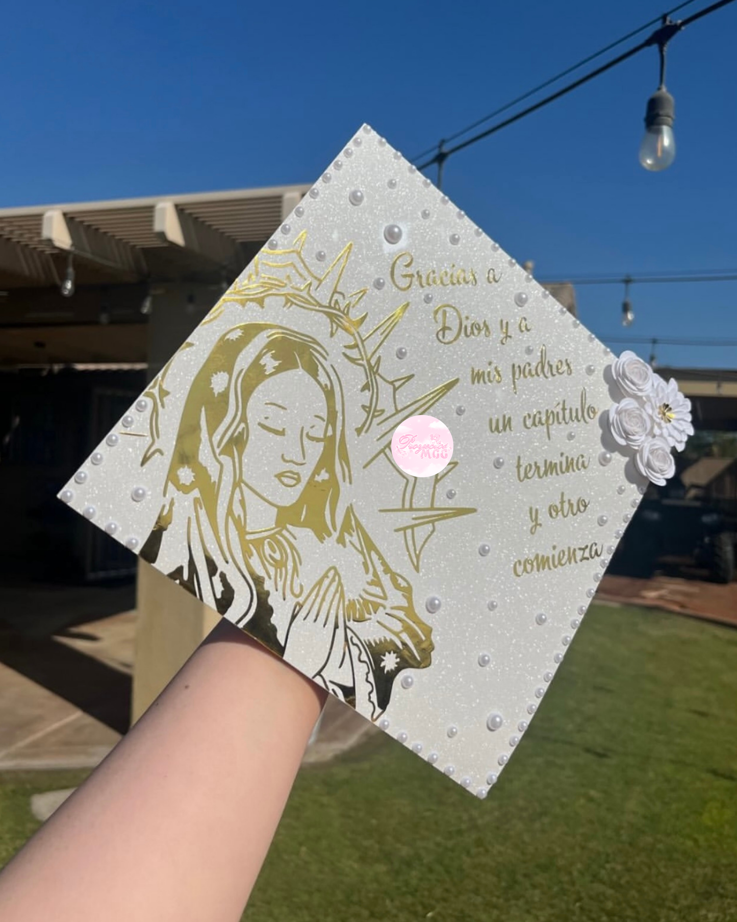 Virgencita White & Gold Grad Cap Topper