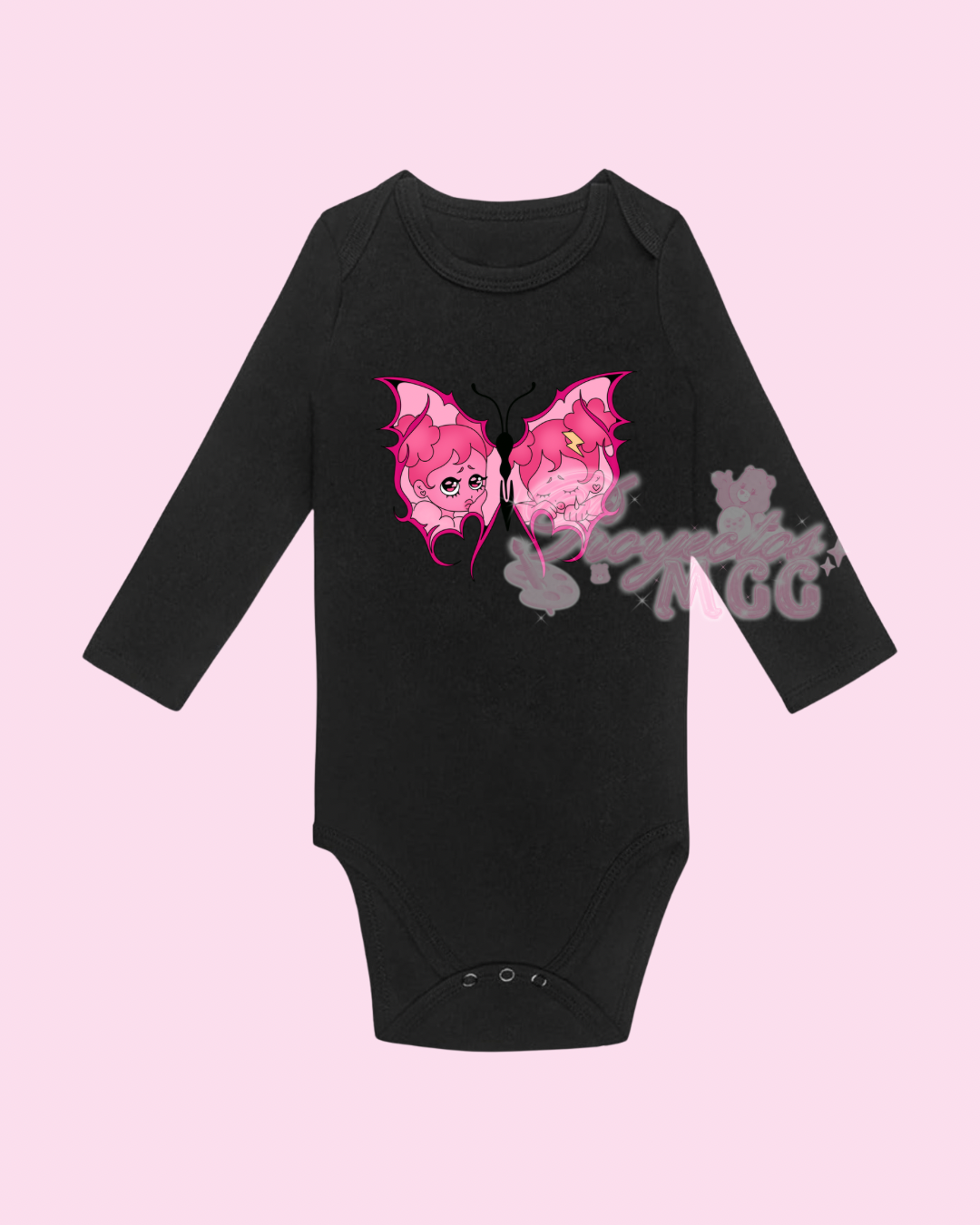 Pink SadGirl Butterfly Long Sleeve Black Onesie